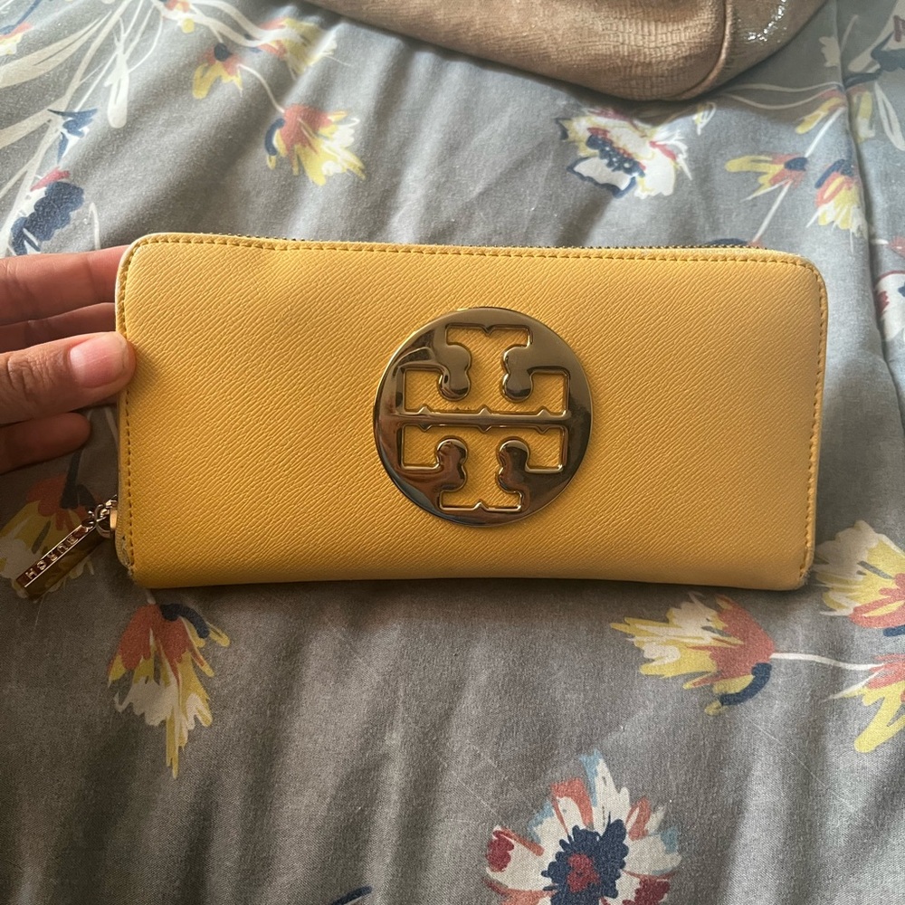 Tory Burch Yellow Leather Wallet with Gold Accents